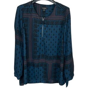 Le Château‎ Teal Navy Boho Print Blouse Long Sleeve Keyhole Top Women’s Large